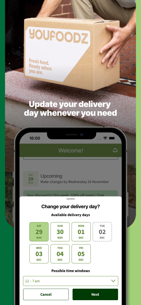 Smartphone screen showing the Youfoodz app delivery scheduling interface with options to change delivery dates and time windows.