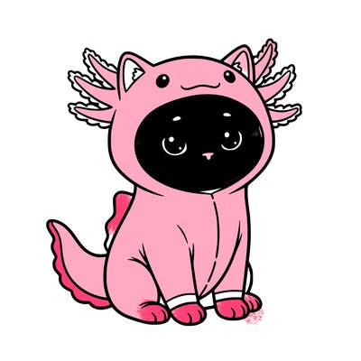 cute  cat sitting down wearing a axolotl onsie front veiw