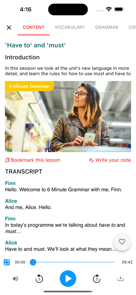 English Grammar - 6mins - have toとmustに関するトランスクリプトとオーディオプレーヤーを表示する英語文法レッスンインターフェース