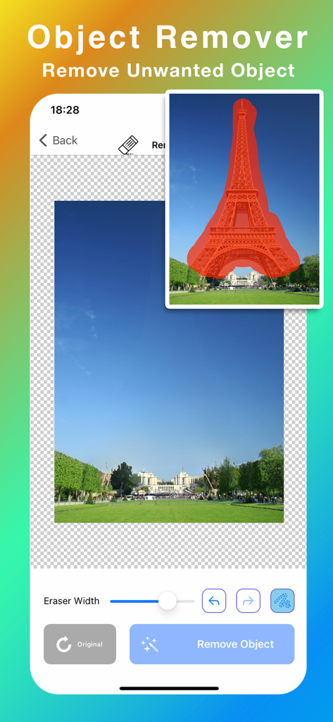 Background Eraser: Bg Remover+ - Interface of the Background Eraser app showing the removal of an unwanted object from a photo