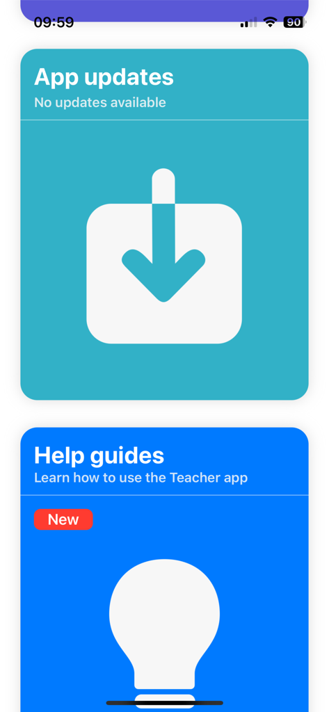 Jamf Teacher - Jamf Teacher app interface showing classroom management tools for updates and instructional help guides