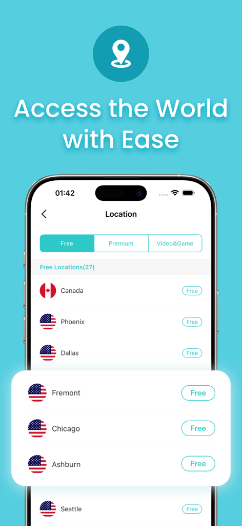 Smartphone screen showing X-VPN app with a list of free server locations in Canada and the United States.
