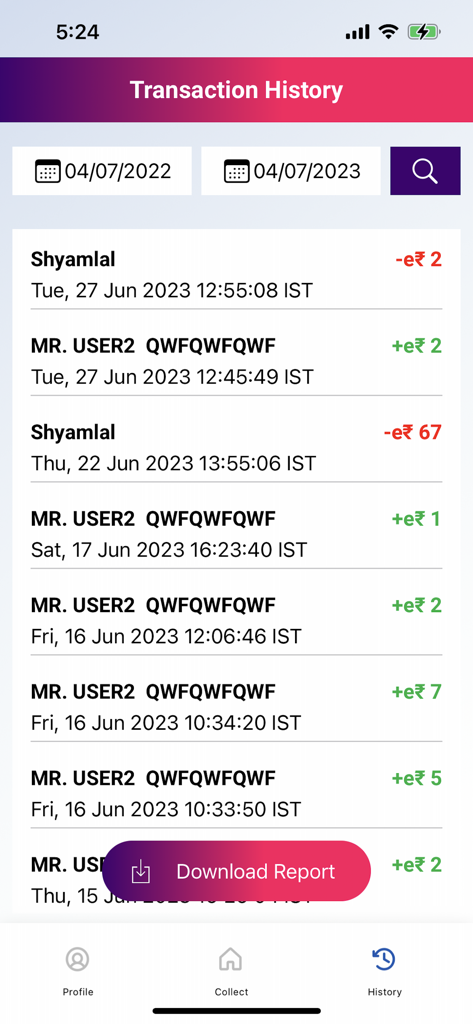 Transaction history screen in the Merchant eRupee By SBI app showing digital rupee payments and a download report button