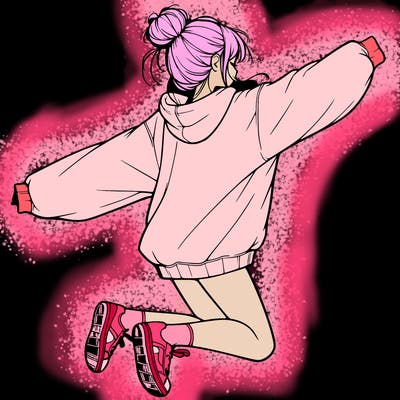 realistic girl jumping with a bun and oversized sweatshirt
