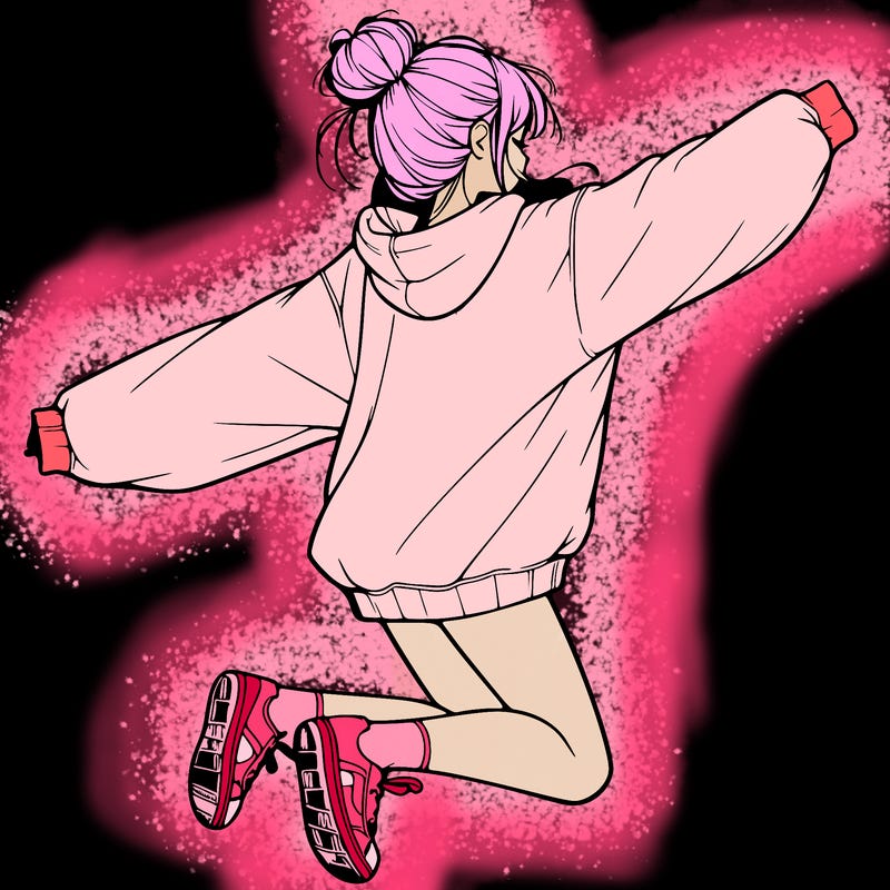 realistic girl jumping with a bun and oversized sweatshirt
