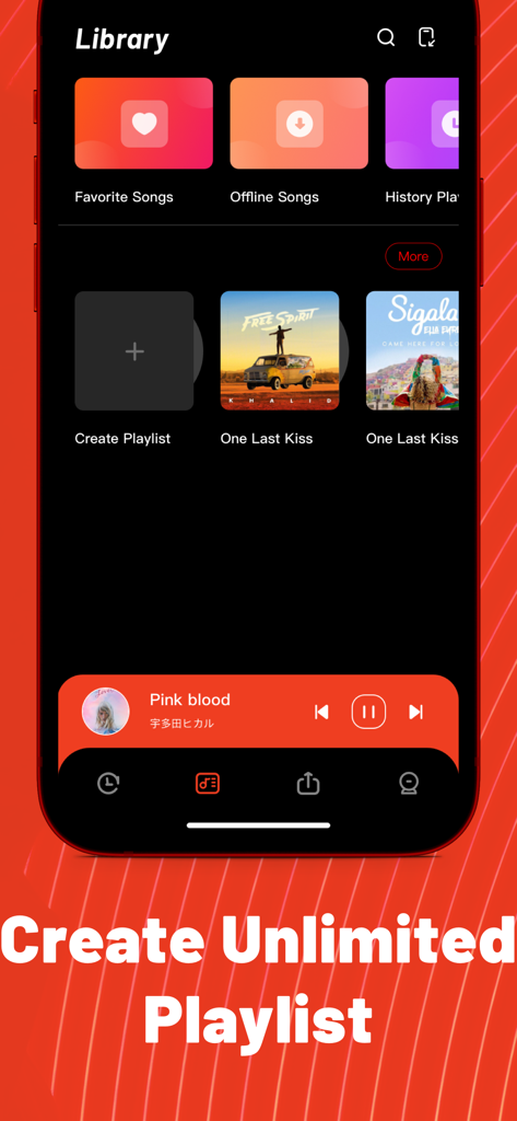 Music Quick app interface showing the library section and playlist creation feature.