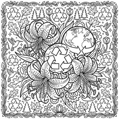 Dive into a world of natural beauty and environmental awareness with this stunning coloring page featuring elegant tiger lilies. Celebrate Earth Day by bringing vibrant life to intricate details of recycling symbols, globes, and charming wildlife.