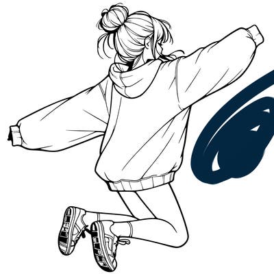 realistic girl jumping with a bun and oversized sweatshirt