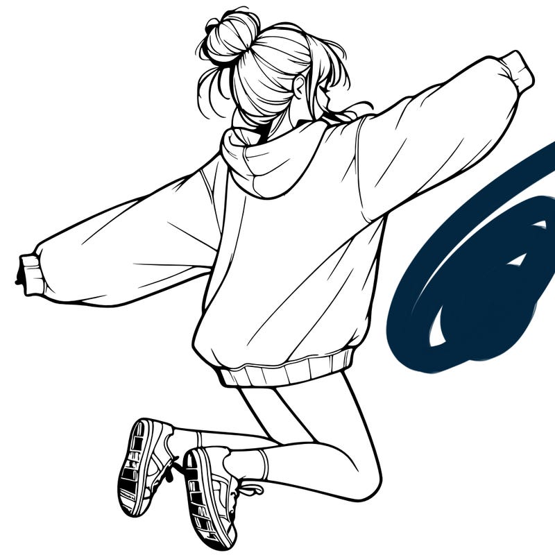 realistic girl jumping with a bun and oversized sweatshirt