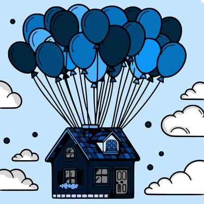 house floating from lots of balloons