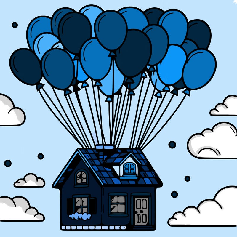 house floating from lots of balloons