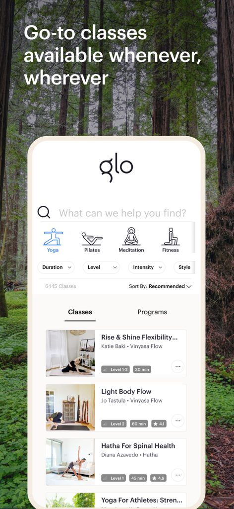 Glo | Yoga and Meditation App - Interface of the Glo app displaying various yoga and meditation classes available on demand