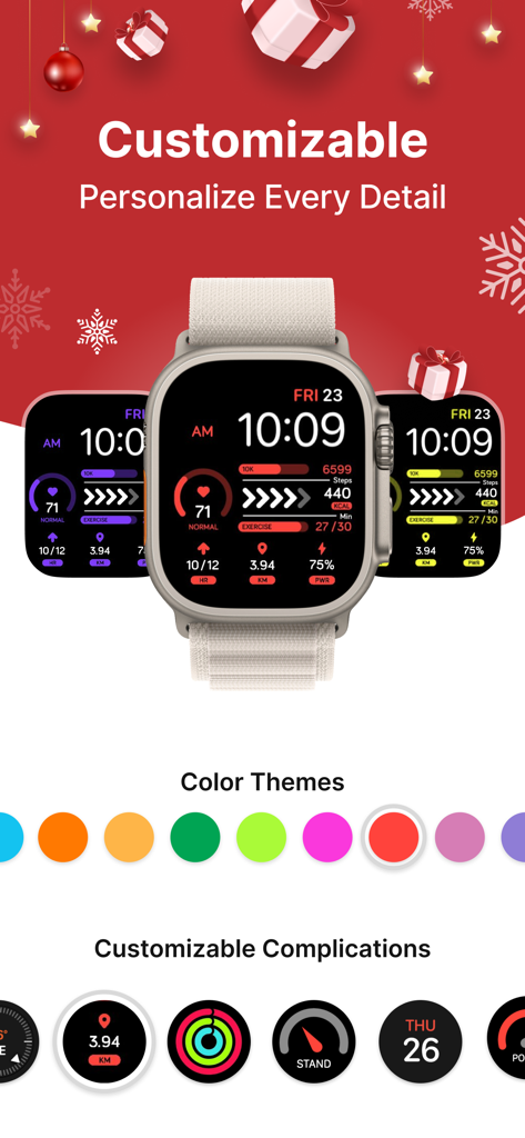 Customizable Apple Watch faces featuring various color themes and health complications