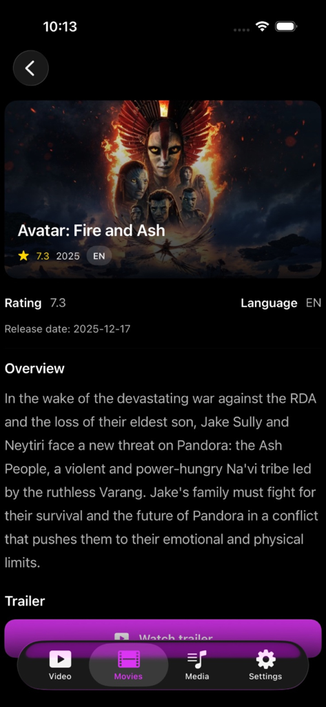 Movie detail screen on MovieBox app showing overview and rating for Avatar Fire and Ash