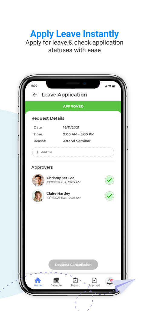 TimeTec HR - Approved leave application screen in TimeTec HR mobile app