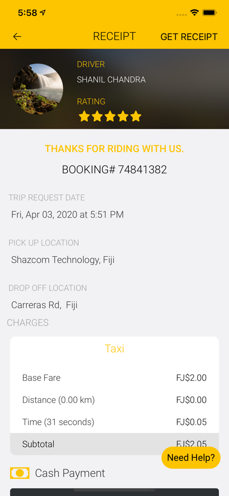 A digital taxi ride receipt in the FIJI CABS app showing the fare breakdown and driver information