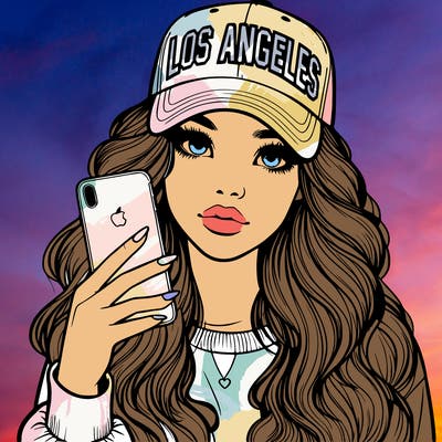 realistic beautiful girl wearing los ángeles cap holding an iphone