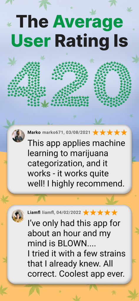 Screenshot of Kush Scan app displaying user reviews and a large 420 rating graphic made of cannabis leaves.