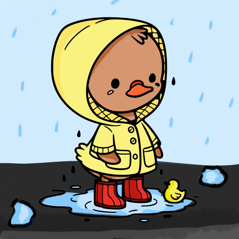 baby duck in a rain coat and boots, in a puddle while it’s raining