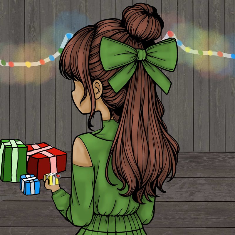 realistic girl  with hip length hair a bun and a big bow on the back of head