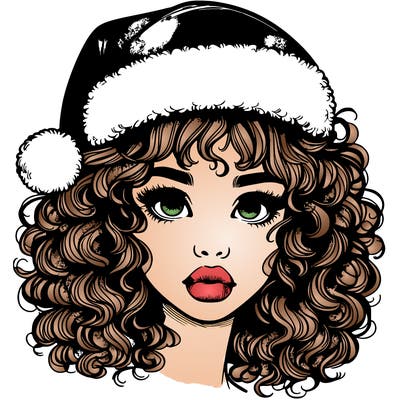 realistic girl with a santa hat curly hair and lips