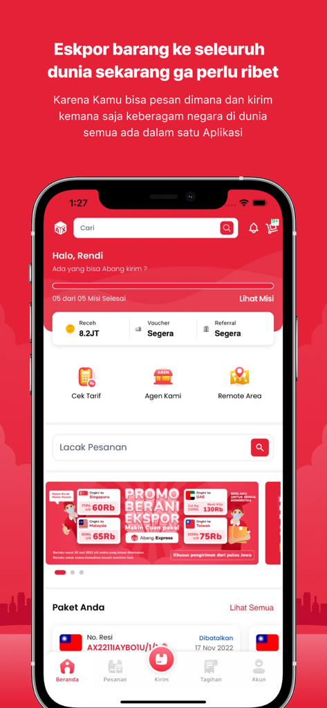 Abang Express - Abang Express mobile app interface displaying international shipping services, order tracking, and promotional delivery rates.