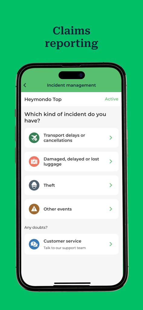 Heymondo mobile app interface showing incident management and claims reporting options.