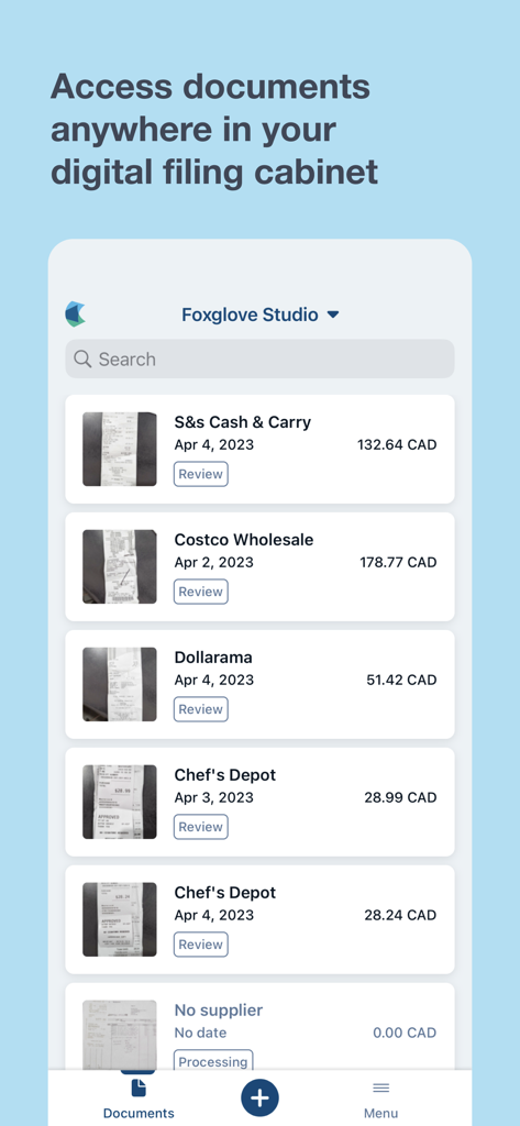Interface do aplicativo móvel Hubdoc mostrando uma lista de recibos comerciais carregados, organizados em um armário de arquivos digital