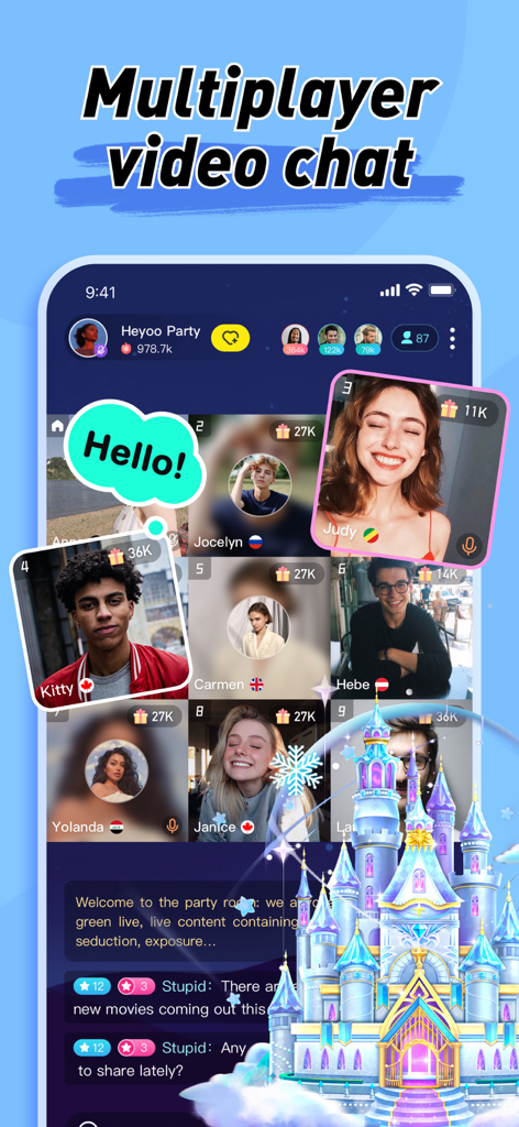 Heyoo app interface showing a multiplayer video chat room with users from different countries and virtual gifts