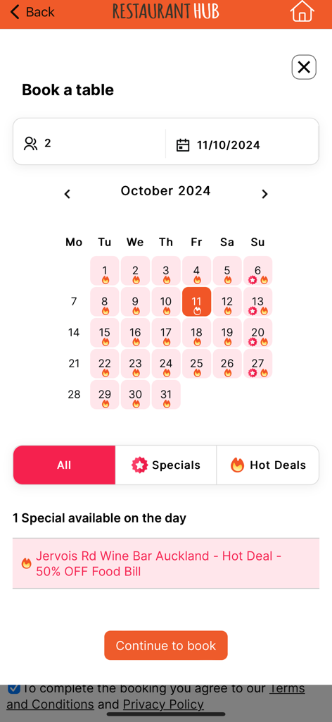 Restaurant Hub - For Customers - A mobile screen from Restaurant Hub showing a table booking calendar with hot deals and a 50 percent discount for Jervois Rd Wine Bar in Auckland