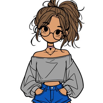 girl with a messy ponytail glasses a baggy crop top and jean shorts