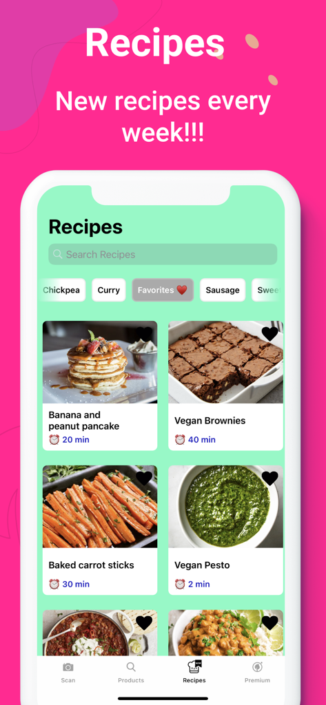 iVegan - Uno schermo di un'app mobile che mostra una varietà di ricette vegane con foto e tempi di preparazione.