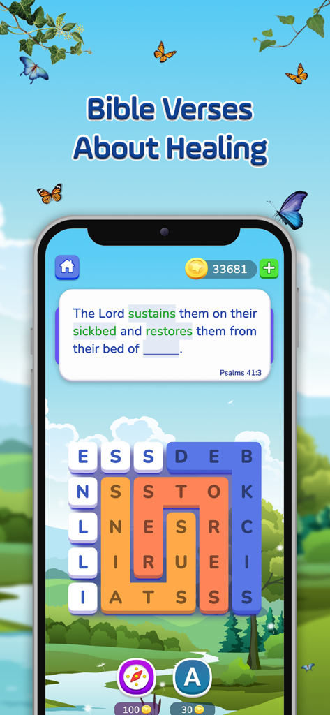 Bible Crossword Games - A mobile game screen featuring a Bible verse crossword puzzle about healing