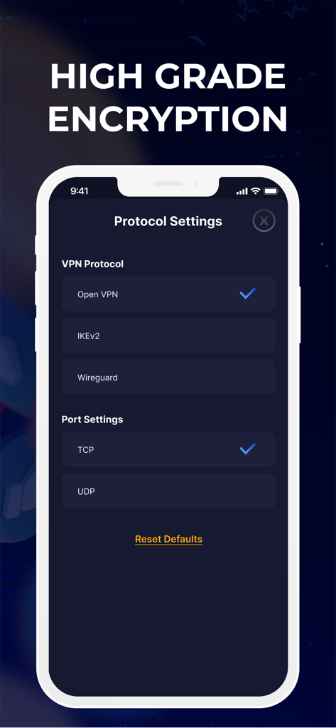 Captura de tela do iPhone mostrando as configurações de protocolo e porta da VPN Easy Proxy para criptografia de alta qualidade.