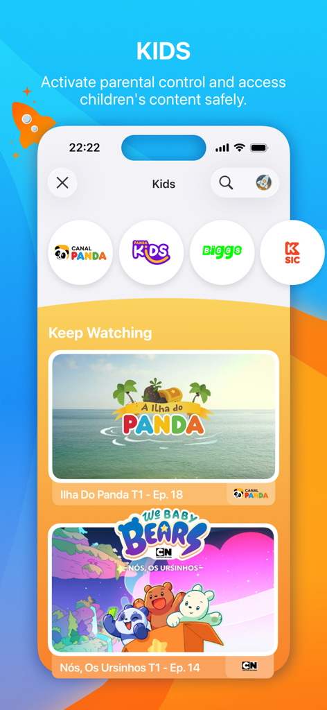 Interfaz de la aplicación MEO Go mostrando la sección infantil dedicada con programación para niños y controles parentales