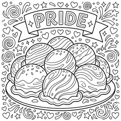 Dive into a sweet celebration of love and diversity with this engaging coloring page featuring delicious ice cream scoops. Adorned with a 'PRIDE' banner and festive details, it's perfect for expressing your vibrant creativity.