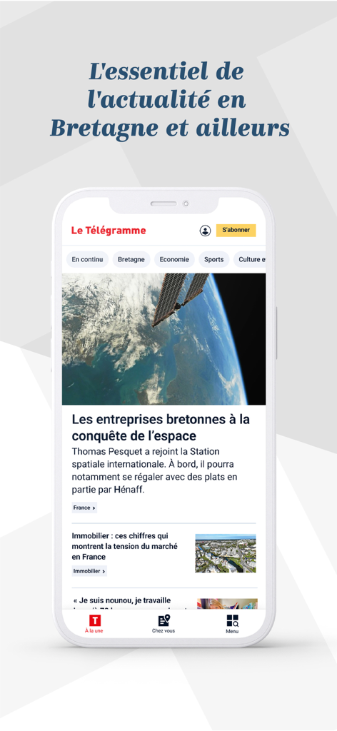 Le Télégramme - Info Bretagne - Le Telegramme news app interface on an iPhone showing Breton regional and global news feed