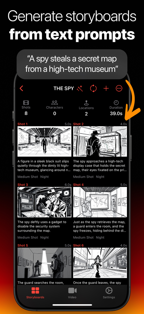 Storyboard Creator AI - Uma interface de aplicativo móvel mostrando uma série de esboços de storyboard gerados por IA a partir de um prompt de texto sobre um espião.