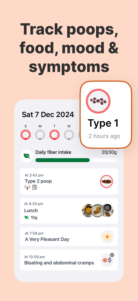 Poop Tracker - Balloon - Panel de la aplicación Balloon que muestra registros diarios de ingesta de fibra, evacuaciones intestinales, alimentos y síntomas.
