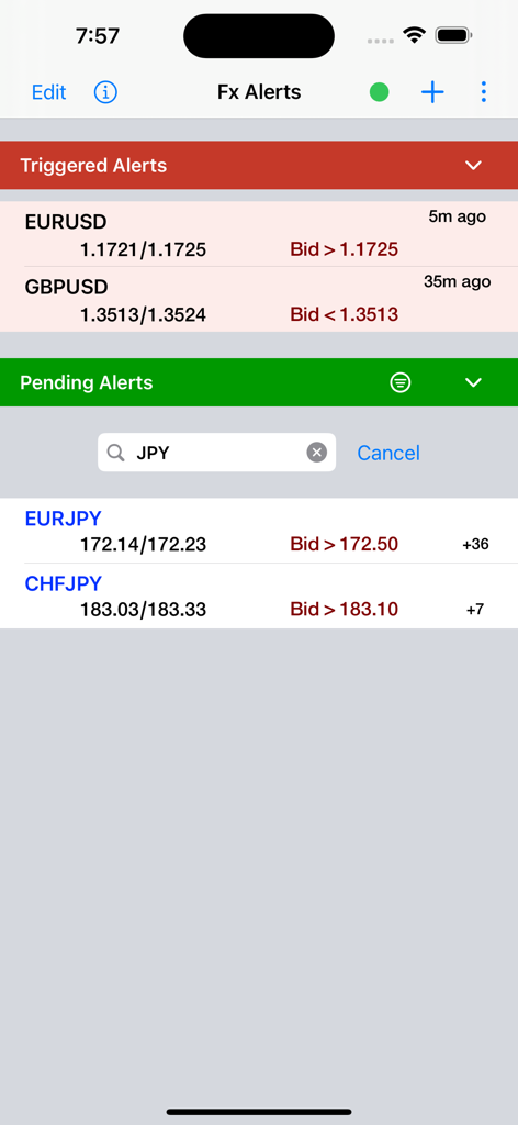 Forex Price Alerts - Mobile dashboard of the Forex Price Alerts app with triggered and pending currency price alerts.