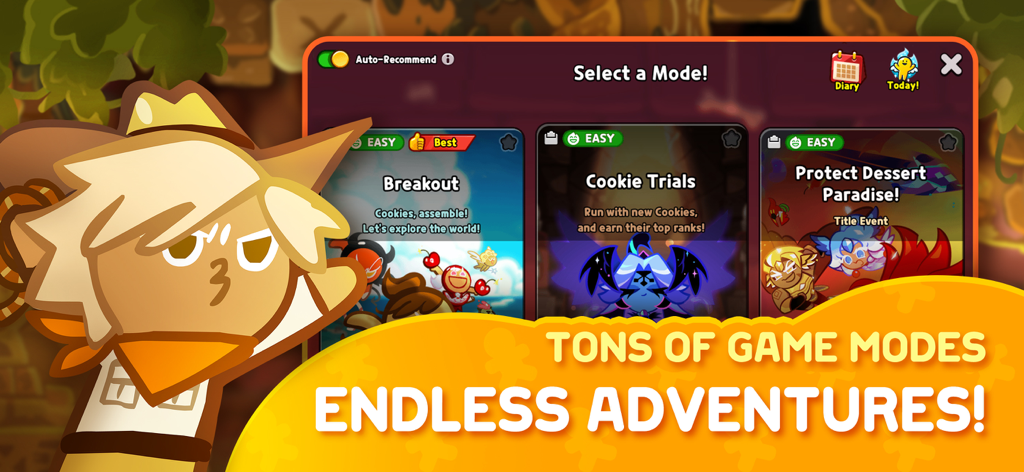CookieRun: OvenBreak - Screenshot of CookieRun: OvenBreak game mode selection screen showing Breakout and Cookie Trials modes with a cartoon cookie character.