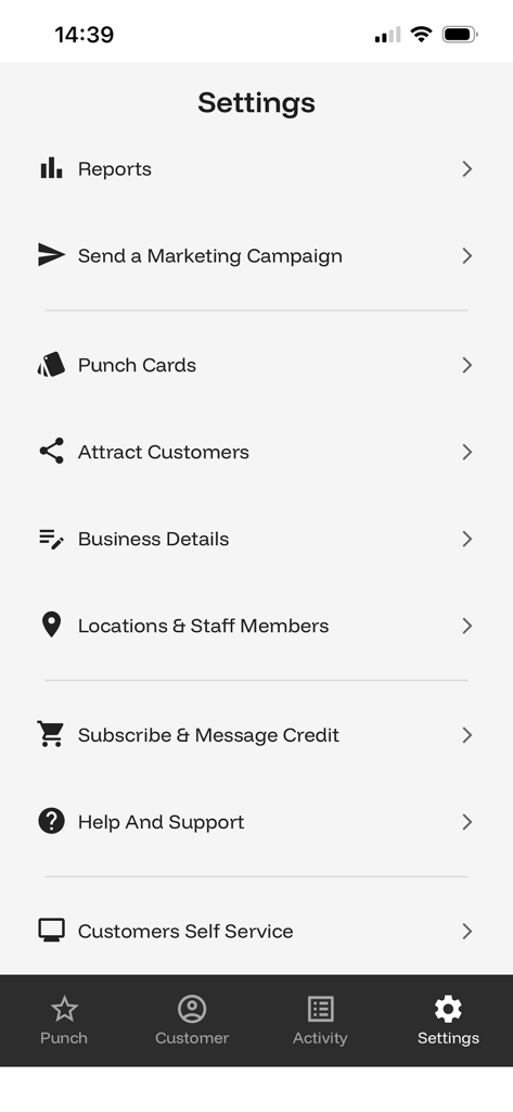 Menu de configurações do aplicativo digiPunchcard mostrando opções para relatórios, campanhas de marketing e cartões de fidelidade.