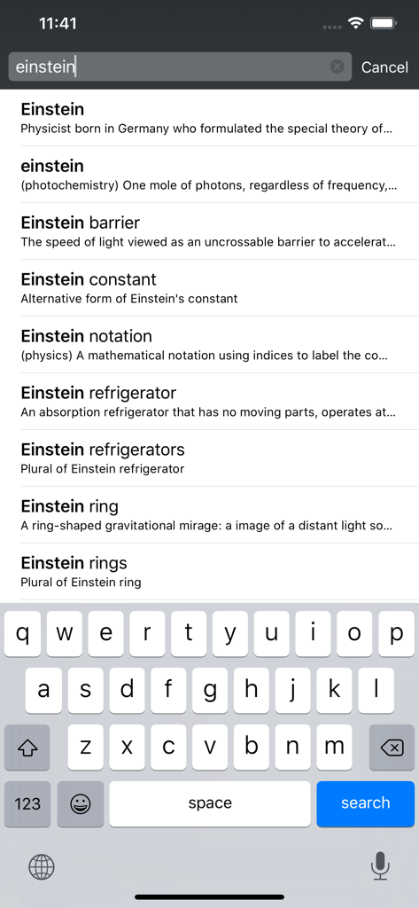 Search results for Einstein in the Advanced English Dictionary app showing scientific and biographical entries