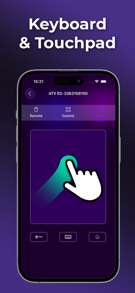 TV Remote for All TV - Pantalla de smartphone mostrando la interfaz de teclado y touchpad de la aplicación TV Remote for All TV.