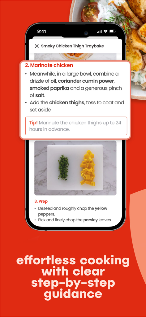 Hello Chef: Meal Kit & Recipes - Screenshot of the Hello Chef app showing clear step by step cooking instructions and recipe photos for a chicken dish.