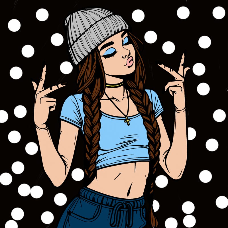 realistic teenage girl with braids and a beanie and crop top doing 🫶🏼