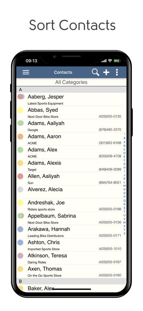 Une liste de contacts détaillée dans l'application CRM DejaOffice, affichant les noms triés par ordre alphabétique, les informations sur l'entreprise et les numéros de téléphone.