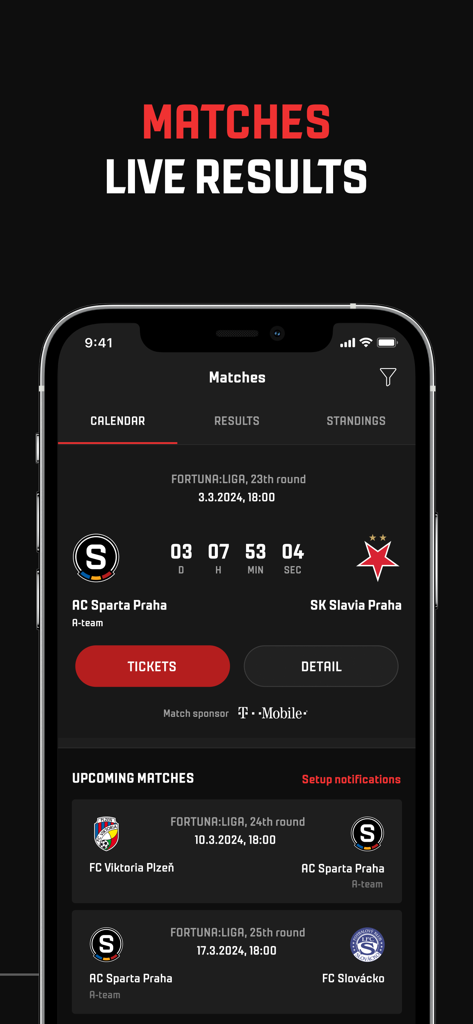 Sparta. - AC Sparta Praha mobile app interface showing match calendar and live results