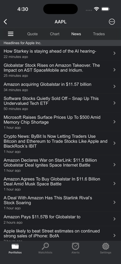Portfolio Trader-Stock Tracker - A professional stock news feed for Apple AAPL within the Portfolio Trader app