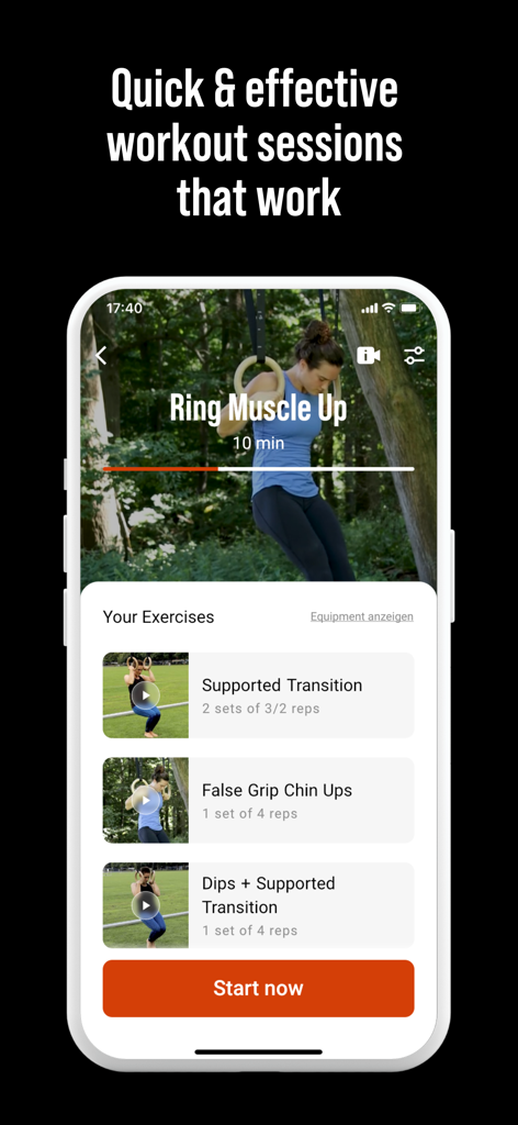 DIE RINGE Calisthenics Workout - Écran de l'application DIE RINGE montrant une séance d'entraînement de 10 minutes pour le Ring Muscle Up avec une liste d'exercices et un bouton de démarrage.